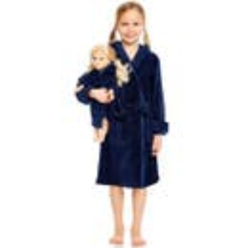 Girl And Doll Fleece Hooded Robe in Navy Blue